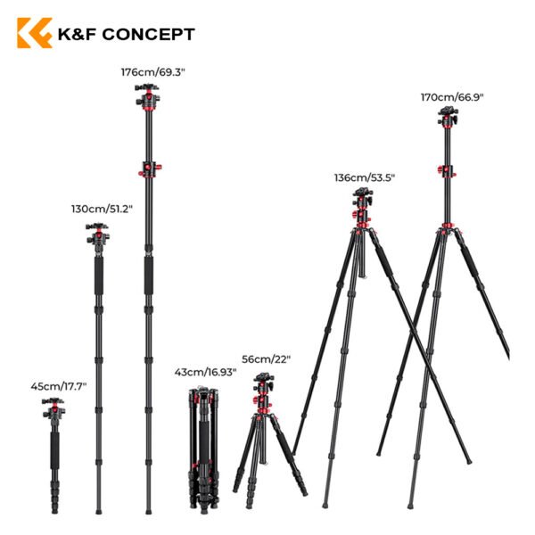 Trípode Monopie Horizontal K&F Concept T255A4+BH-32L, Rojo - Imagen 2